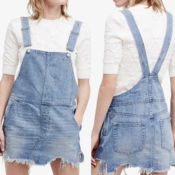 Free People Blue Denim Mini Dress Overalls Size 4 - Picture 2 of 8